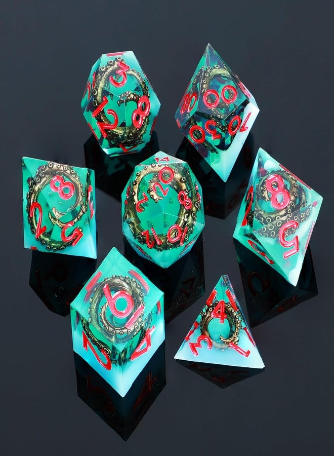 UBEUCK Polyhedral Metal and Resin Dice Set, 7 Pieces D&D RPG Dice with Box, Sharp Edge Octopus Tentacle Design, Fantasy Theme, for Tabletop Gamers, 14 Years and Up (White and Green) - Image 1